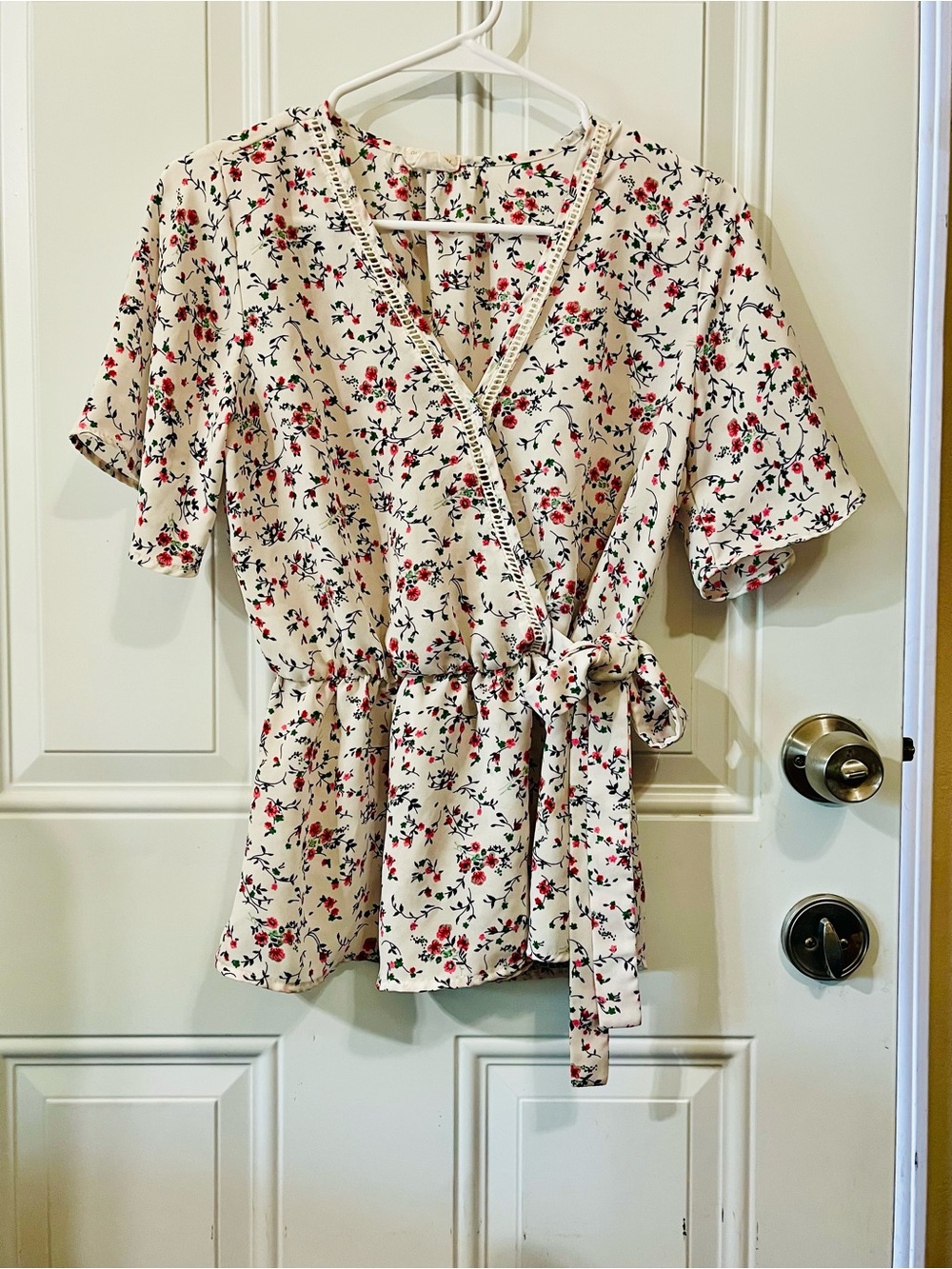 Sienna Sky Cream Floral Wrap Blouse with Red‎ & Green Accents